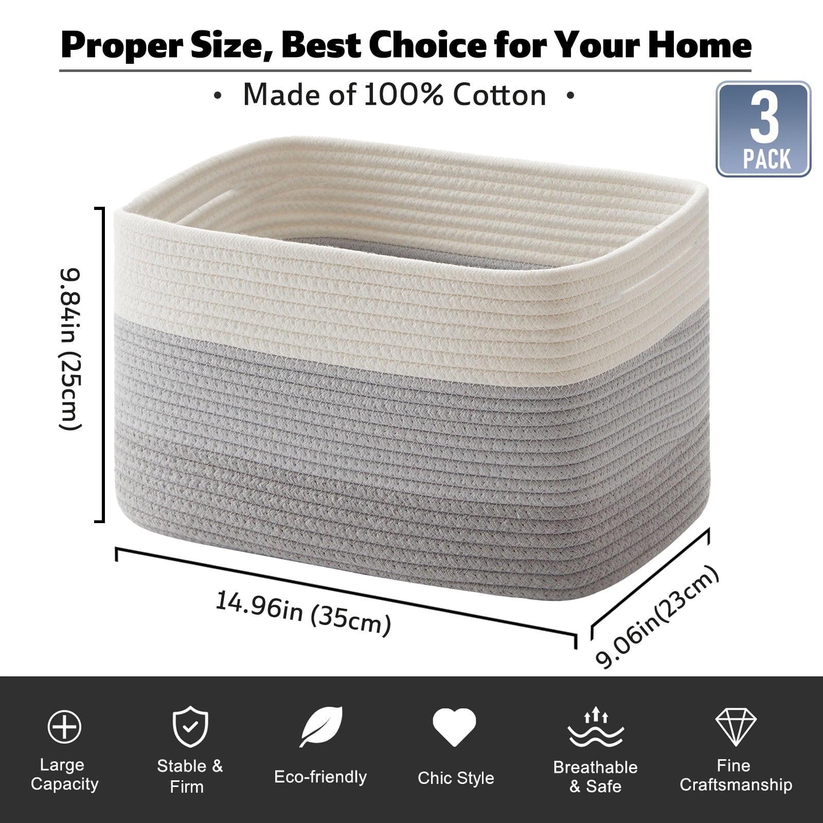 CHERISHGARD Storage Basket, Laundry Basket 3 Pieces, Woven Baskets for Storage for Toys, Towel