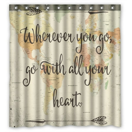 World Shower Curtain Fabric PHFZK Adventure Shower Curtain, Old Style World Map with Inspirational Quote Polyester Fabric Bathroom Shower Curtain 66x72 inches ()