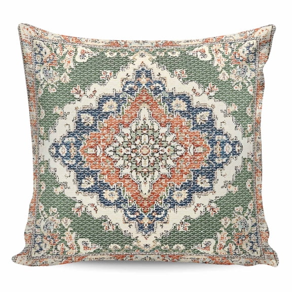 Orange Green Boho Pillow Covers 16x16 Inch Decorative Throw Pillow Cover, Medieval Vintage Ethnic Floral Abstract Sofa Pillowcases Accent Cushion Case Home Decor Bedroom Living Room