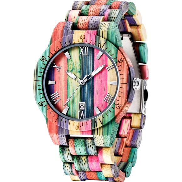 Reloj de madera Dentily para hombre de 25 cm, colorido, con cuarzo y función de fecha