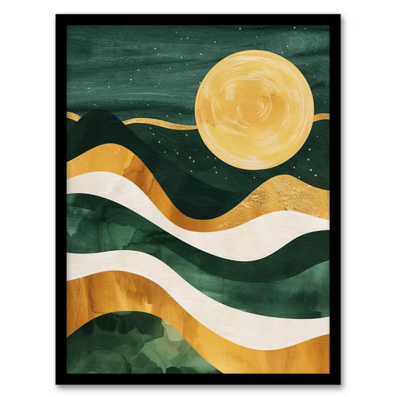 Artery8 Full Moon Over Mountains Green Gold Boho Abstract Living Room Art Print Framed Poster Wall Decor 12x16 inch