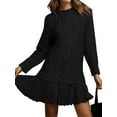 thumbnail image 2 of Robe Chandail en Tricot Torsadé pour Femmes, Col Ras du Cou, Manches Longues, Mini-Robe Plissée, Style Deux-en-un, Robe Patchwork, Noir, P, 2 of 8