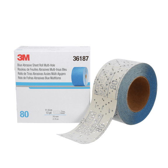 3M Hookit Blue Abrasive Sheet Roll 321U, 36187, 80, 2.75 in x 13 yd, Multi-hole