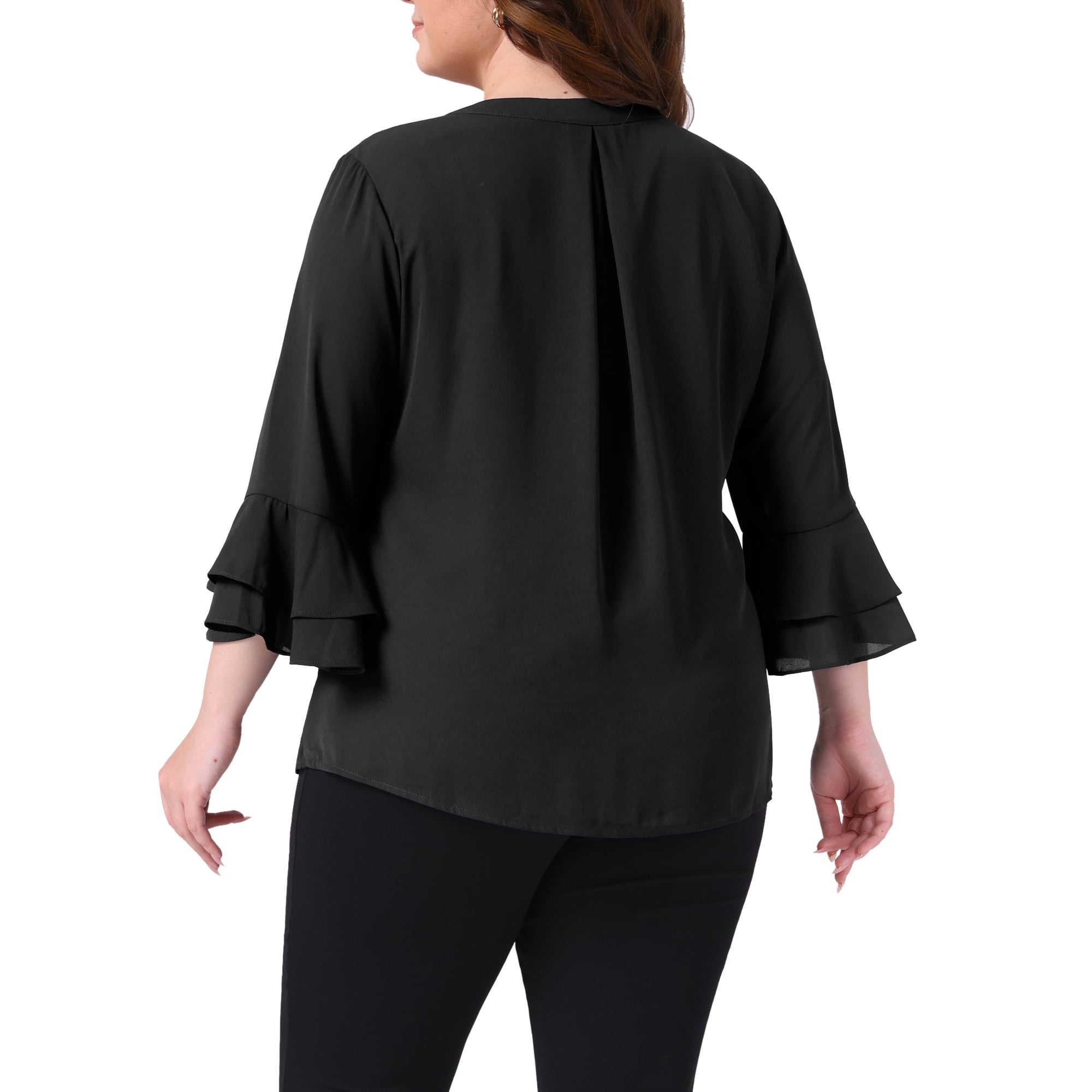 DARING DIVA Women's Plus 3/4 Bell Sleeve Notch Chiffon Tunic Shirts 3X Black