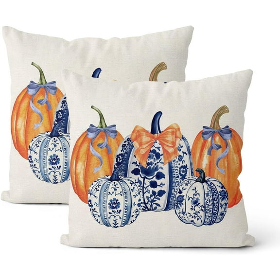 Fall Pillow Covers 18x18 Inch 2 Pcs Burnt Orange Blue Chinoiserie Pumpkin Decor Throw Pillows Autumn Harvest Thanksgiving Outdoor Holiday Decoration Pillowcase Linen Cushion Cover for Couch