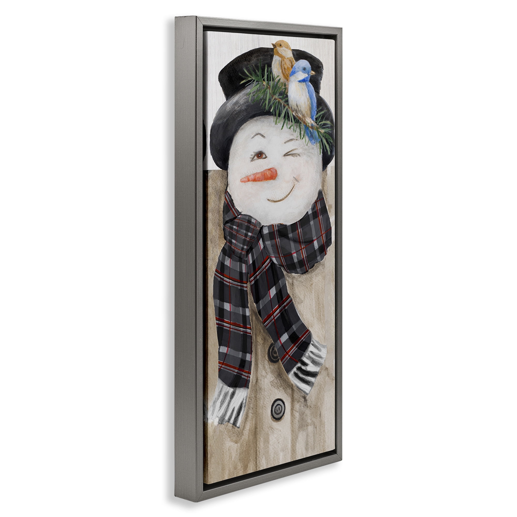 Stupell Industries Rustic Winter Snowman Wink Fairy Tales & Fantasy Painting Gray Floater Framed Canvas Art Print Wall Art, 11 x 25