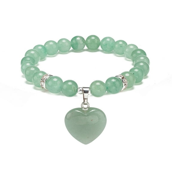 Natural Green Aventurine Round Beaded Stretch Bracelet with Heart Charm Gemstone Yoga for Women Inner Diameter: 2 inch(4.95cm)