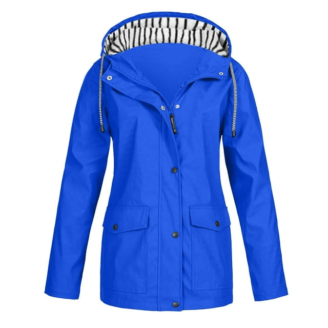 Veste de Pluie à Rayures Unie pour Femmes, Imperméable à Capuche, Coupe-Vent, Bleu, 4TG