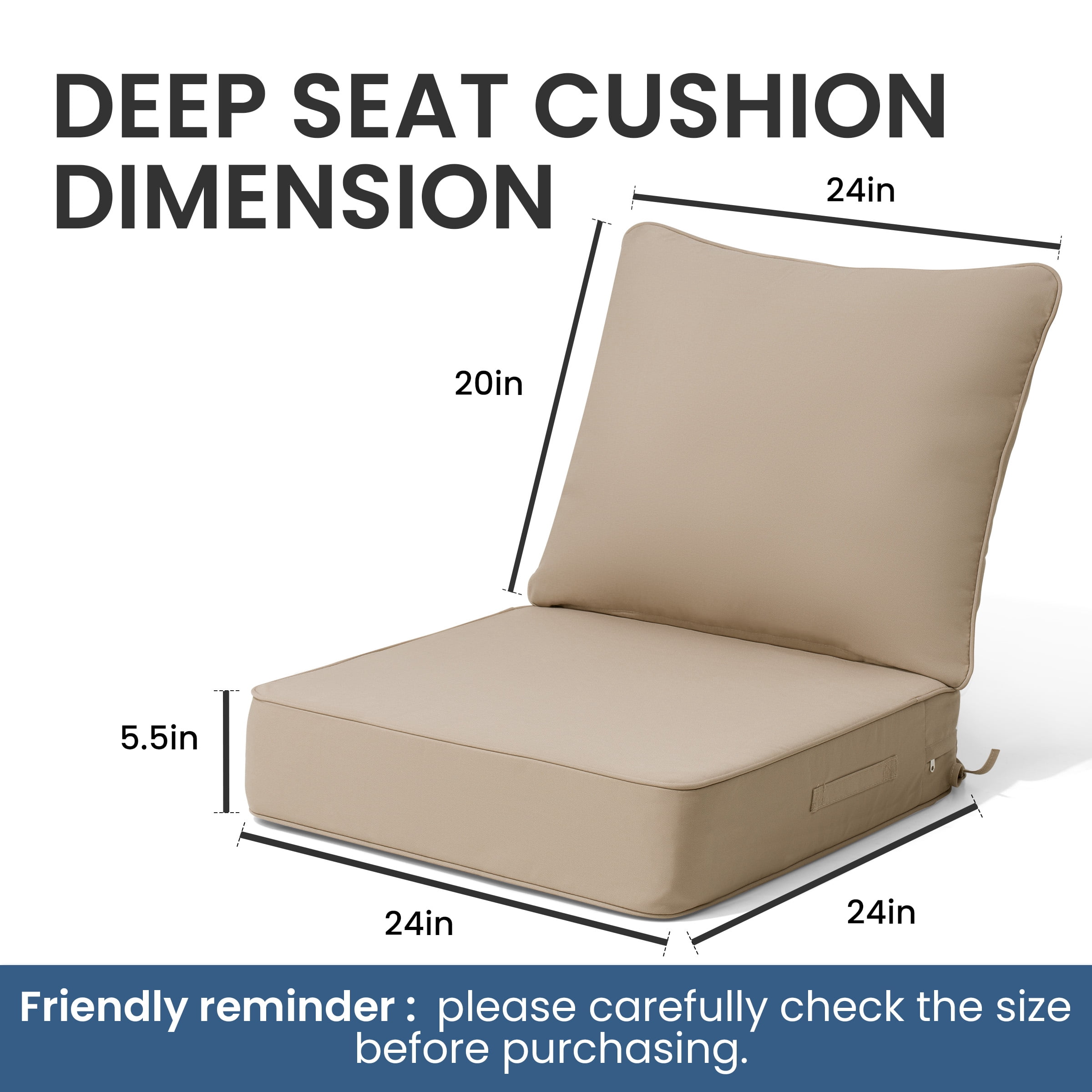 Crestlive 5.5" Outdoor Cushion for Patio Furniture Set of 2, 24 x 24, Waterproof and Fade-Resistant Deep Seat Cushions for Chair, Wicker Sofa and Couch, Beige