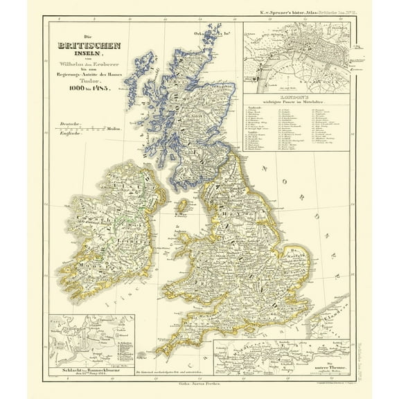Historic Map - British Isles Tudors 1066 to 1485 - Spruner 1839 - Vintage Wall Art