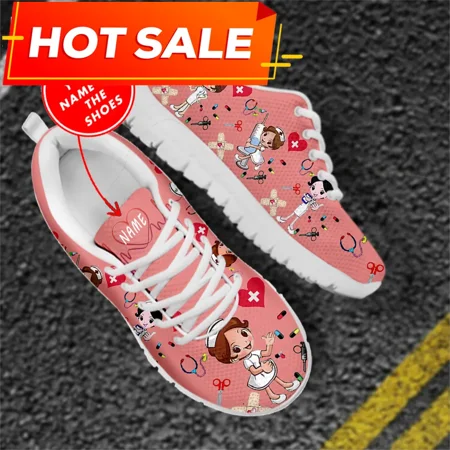 

Custom Name Nurse Shoes Mesh Flat Sneakers For Women s Cute Cartoon Premium Sketch Physio Design Breathable Footwear