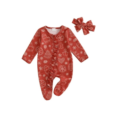 

Jendukie Baby Girls Christmas Jumpsuit Long Sleeve Gingerbread Man Snowman/Candy Cane Print Romper with Headband