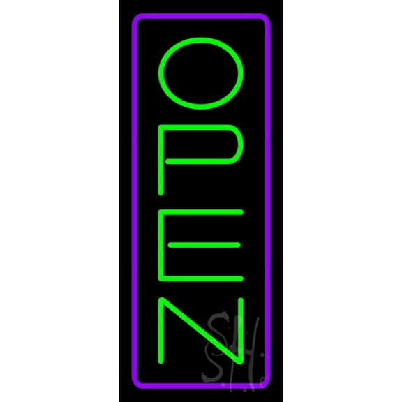 Open - Vertical Green Letters with Purple Border LED Neon Sign 24 x 10 - inches, Clear Edge Cut Acrylic Backing, with Dimmer - Bright and Premium built indoor LED Neon Sign for storefront.