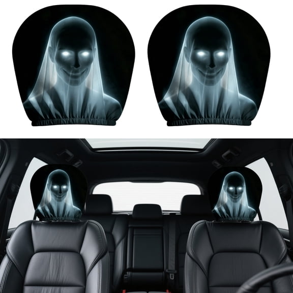 2 Pack Halloween Creepy Grinning Black Face Car Headrest Covers Horror Scary Head Rest Protector Covers Auto Interior Prank Decor For Car SUV Truck