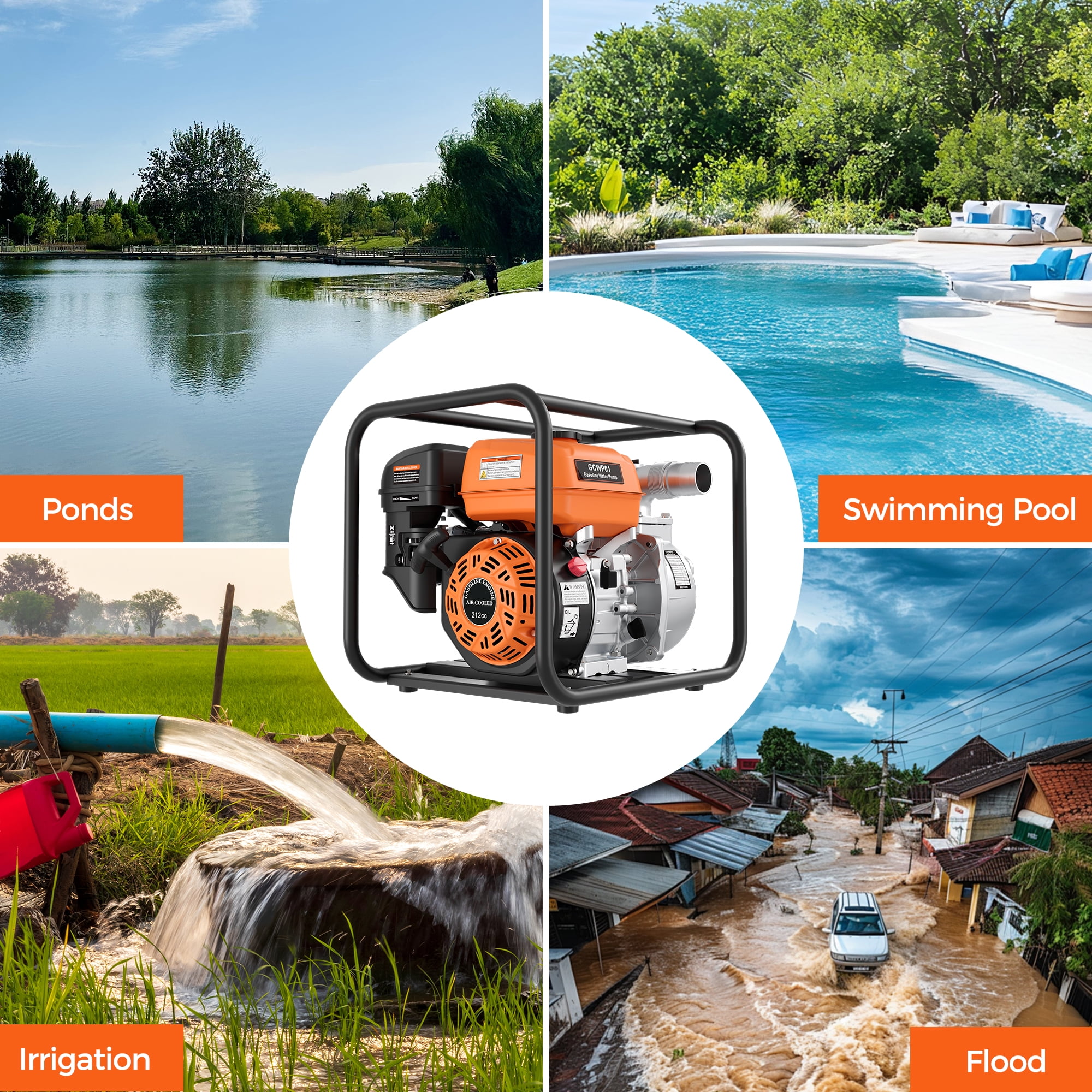 Efurden Gas Powered Water Pump, 2 inches 7HP 4-stroke Portable Irrigation Pump,  135 GPM Water Transfer Pump, EPA Certified