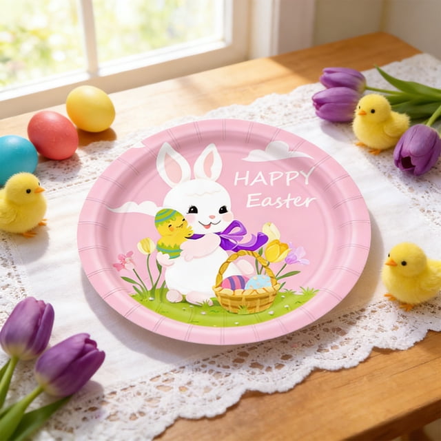 Mefallenssiah Easter themed Disposable Tableware for Parties Including Bunny Shaped Egg Plates Paper Cups Napkins and Tablecloths Suitable for Everyday Use and Parties
