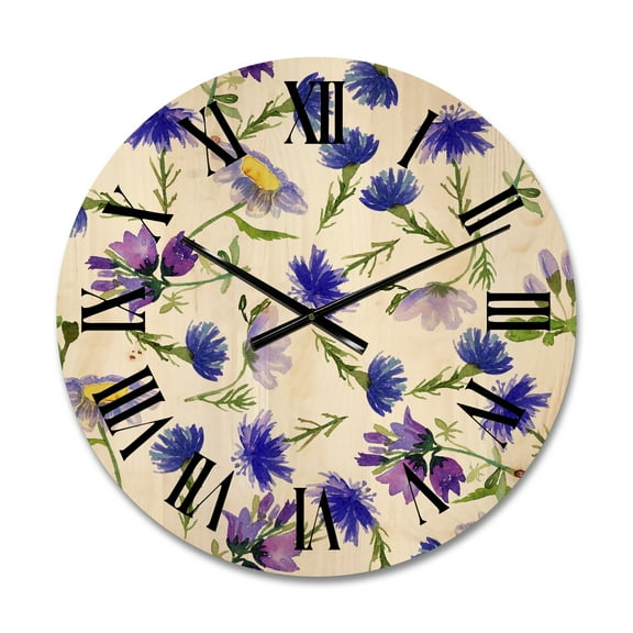 Designart 'Blue Wildflowers With Leaves III' Traditional Wood Wall Clock