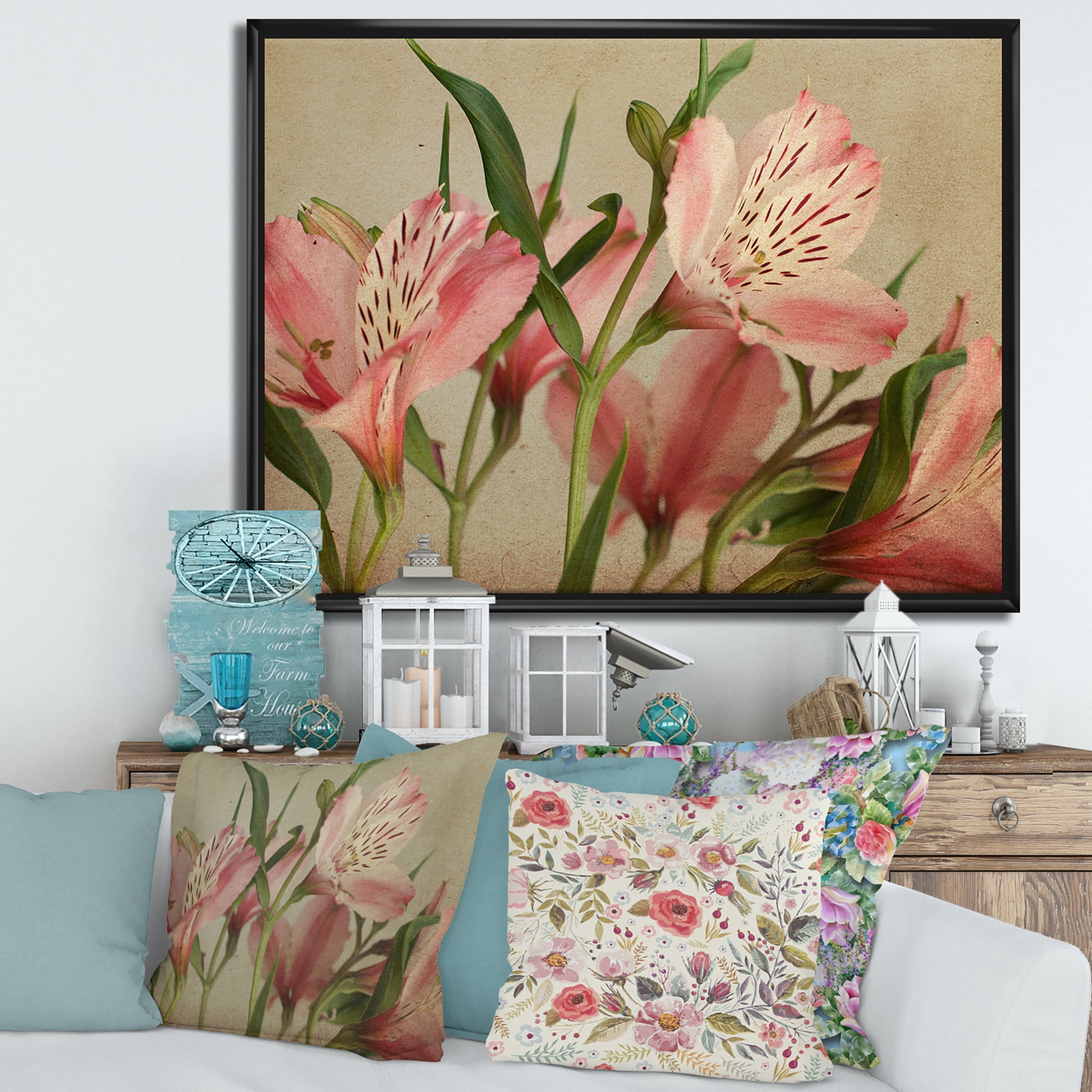 Designart 'Alstroemeria Flower Retro ' Traditional Framed Canvas Wall Art Print