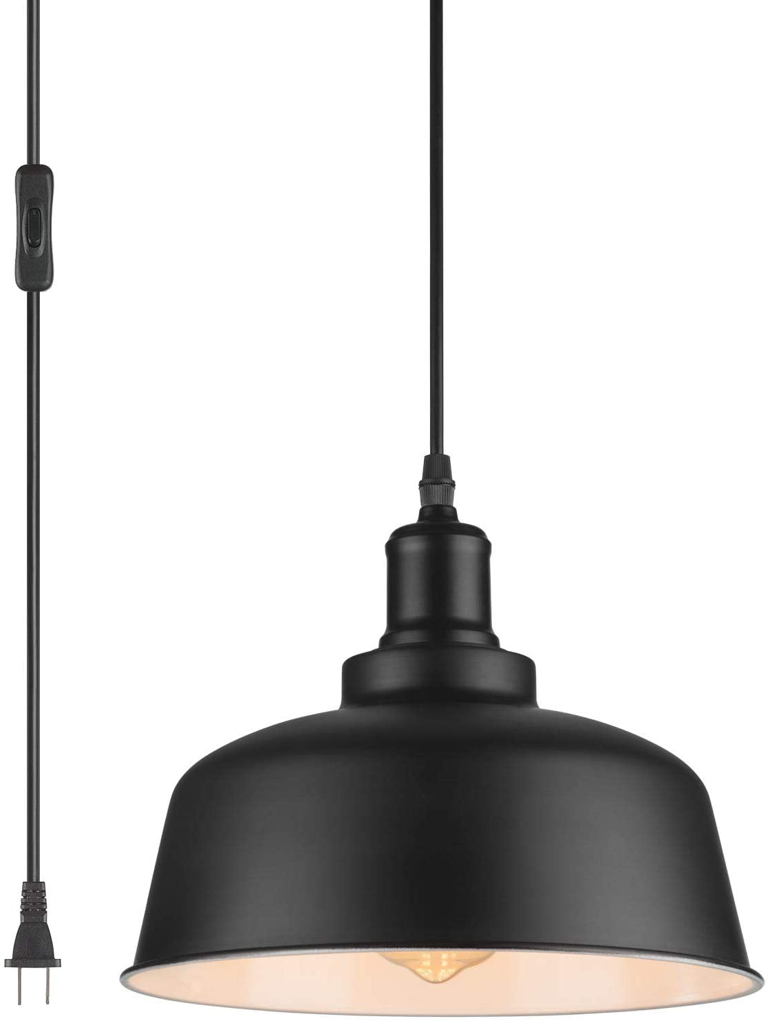 Black Pendant Light, Industrial Vintage Ceiling Light with Plug-in Cord and On/Off Switch, Semi Flush Hanging Ceiling Light Fixture for Kitchen Island, Barn, Dining Room, Living Room, Bedroom