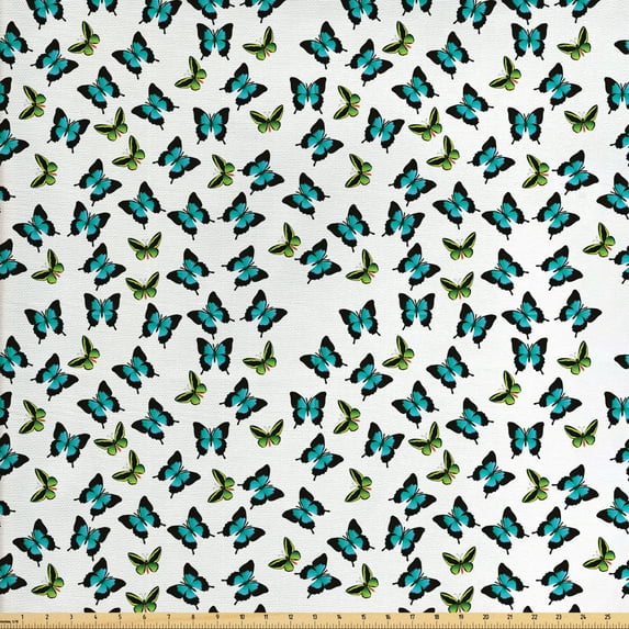 Butterfly Fabric by the Yard Upholstery, Spring Inspired Pattern with Swallowtail and Green Butterflies, Decorative Fabric for DIY and Home Accents, Apple Green Turquoise by Ambesonne