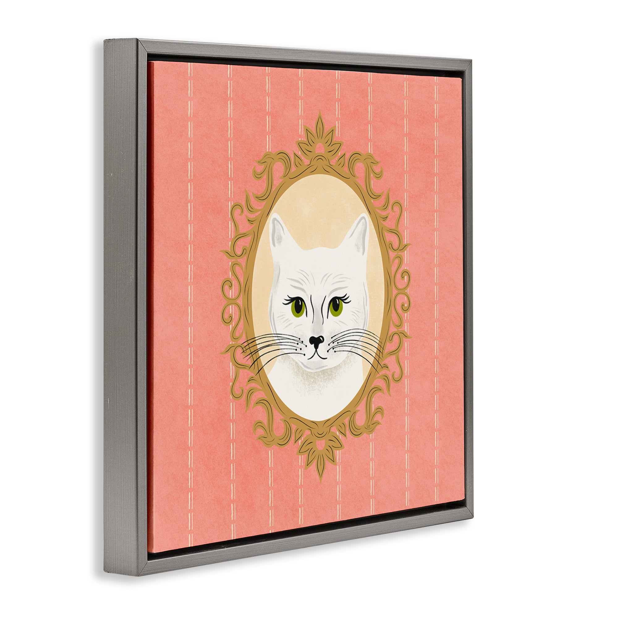 Stupell Industries White Cat Portrait Animals Painting Gray Floater Framed Canvas Art Print Wall Art, 25 x 25