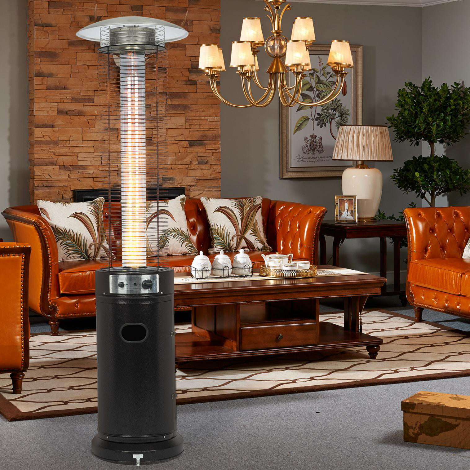Includes Wheels Anti-Tilt and Safety Shut-Off Residential and Commercial Rich-Mocha Matte Finish Round Spiral-Flame Glass Tube Golden Flame Resort Model Outdoor Propane Patio Heater 40,000 BTU 