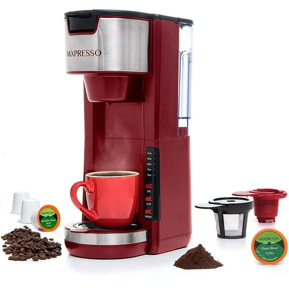 Mixpresso Single Serve Coffee Brewer K-Cup Pods Compatible & Ground Coffee 30oz Compact Coffee Maker Single Serve 5 Brew Sizes Up To 14Oz Fits Travel Mug Adjustable Drip Tray, Red Coffee Maker