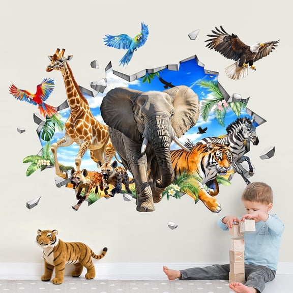 3D Safari Animals Wall Decals Animals Wall Stickers for Boys Kids