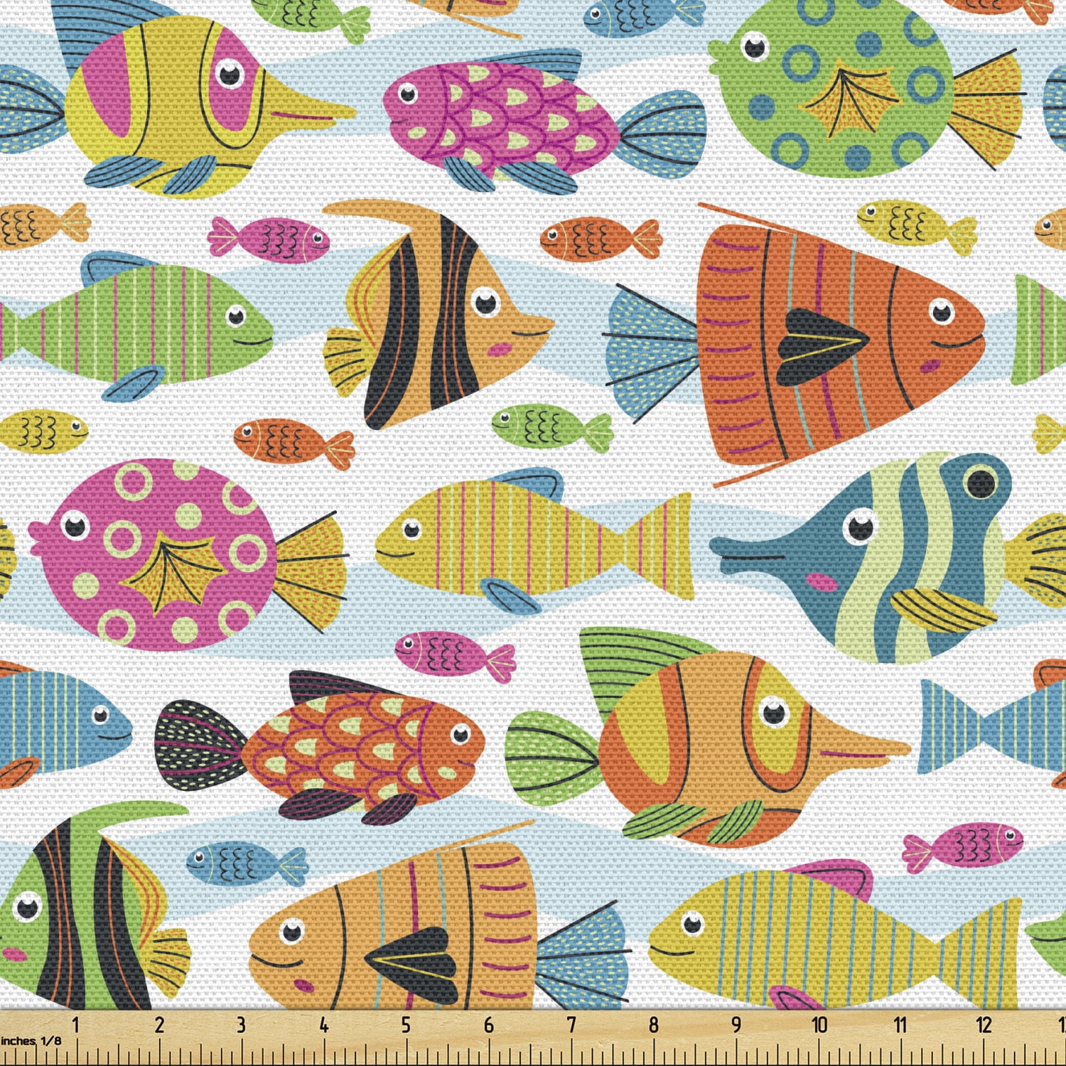 Marine Fabric by the Yard, Aquatic Theme with Colorful Cartoon Fish