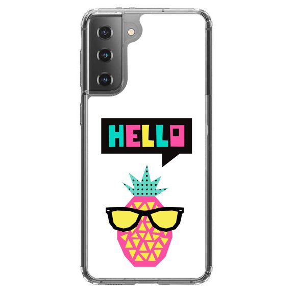 DistinctInk Clear Shockproof Hybrid Case for Galaxy S21 5G (6.2" Screen) - TPU Bumper, Acrylic Back, Tempered Glass Screen Protector - Summer Graphics - Hello Cartoon Pineapple