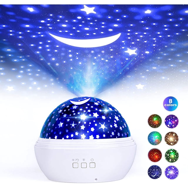 Proyector de cielo estrellado para niños (1 unidad blanca), luz nocturna para bebés, rotación de 360°, 8 colores, 2 películas temáticas, luz nocturna para bebé, ideal como regalo de cumpleaños.