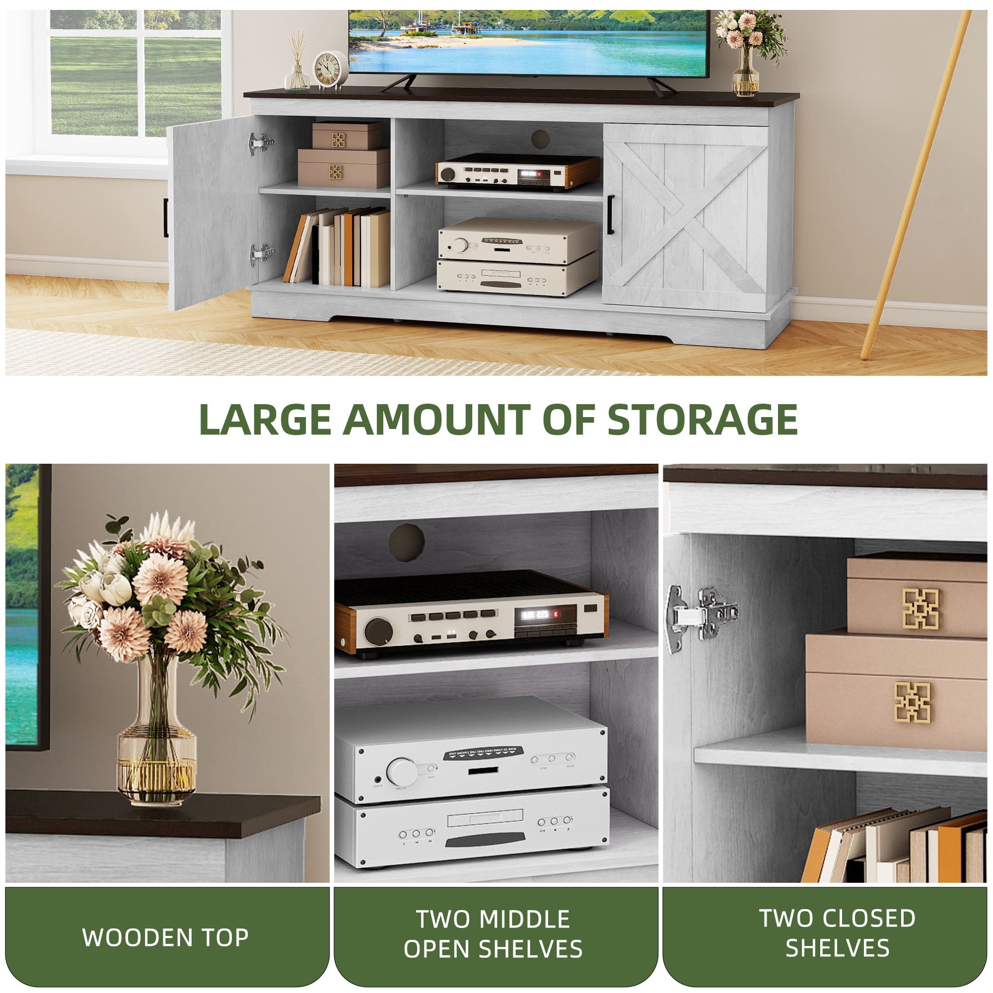 Uforic Farmhouse TV Stand for up 65" TVs, Entertainment Center Console Table for Living Room, Gray White
