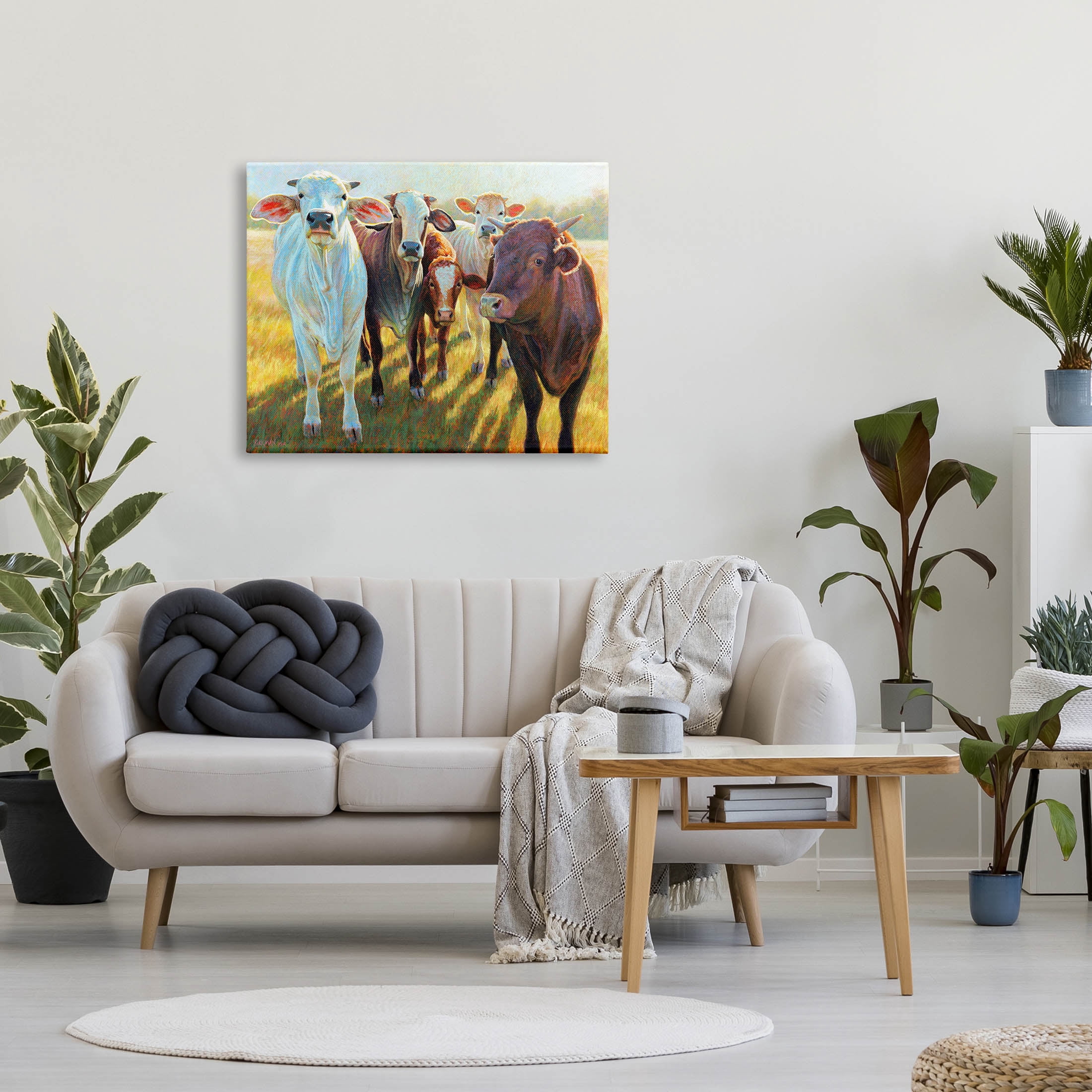 Various Cattle Sunny Farmland Field Animals & Insects Painting Gallery Wrapped Canvas Print Wall Art