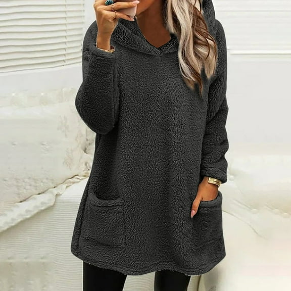 Black Hoodies for Women's Double Velvet Autumn and Winter Fluffy Large Profile Long Sleeved Casual Warm Long Sleeved Plush Sweatshirt with Pockets Fall Tops for Women 2025