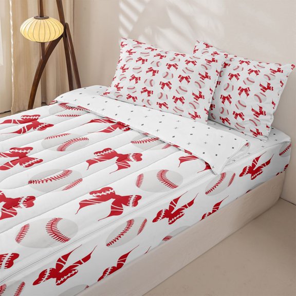 Homewish Red Bowknot Baseball Zipper Full Size Comforter Sets with Fitted Sheet and 2 Pillowcases, White Cartoon Zipper Bedding Set for Men and Women, Reversible, 4pcs
