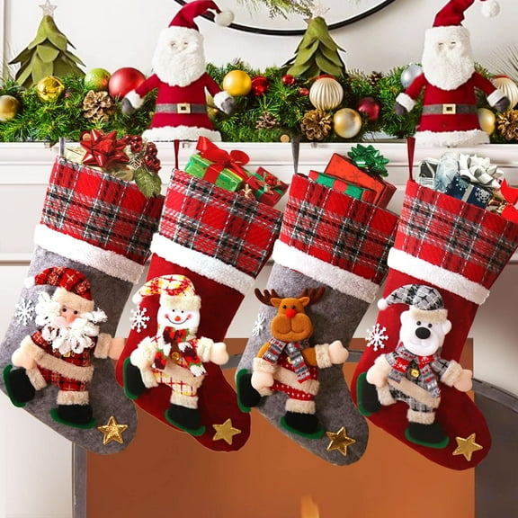 BOPORO Personalized Christmas Stockings Set of 4 Burlap Family Christmas Stockings, 18 Inches 3D Xmas Plush Stocking with Hanging Loops for Holiday Christmas Decorations