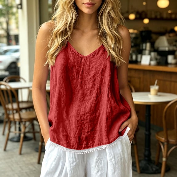 Karymi Summer Tops for Women 2026 Spaghetti Strap V‑Neck Fake Cotton Linen Crinkle Tank Top, Solid Color Loose‑Fit Casual Camisole, Pom‑Pom Lace Hem Summer Sleeveless Blouse Womens Tops