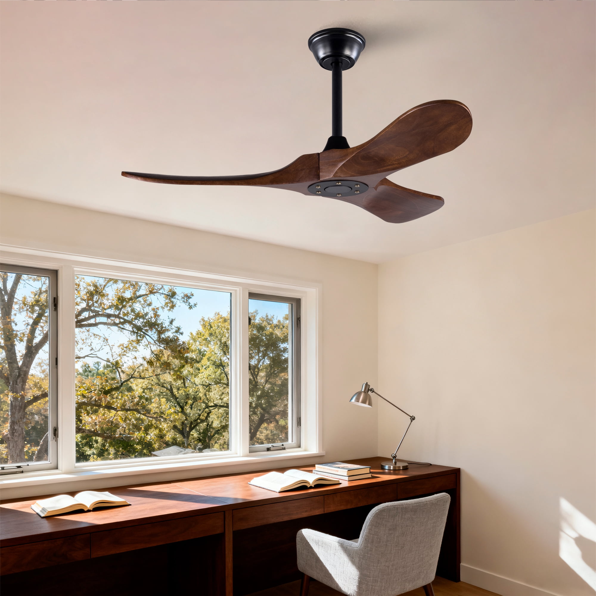 Ceiling Fan No Light, 42 Inch 3 Blades Solid Wood Outdoor Fan with Remote Control for Patio Living Room Bedroom, Black Dark Walnut