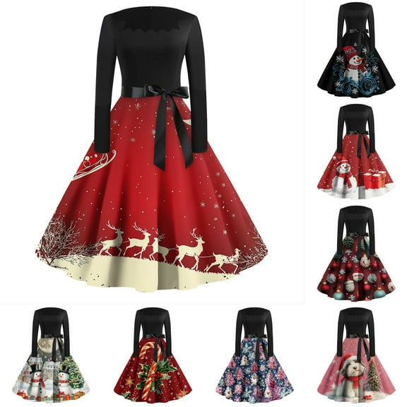 Christmas Dresses for Women Women's Casual Fashion Printed Retro Square Neck Long Sleeve Dress with AI Christmas Print for Holiday Party,Black,L