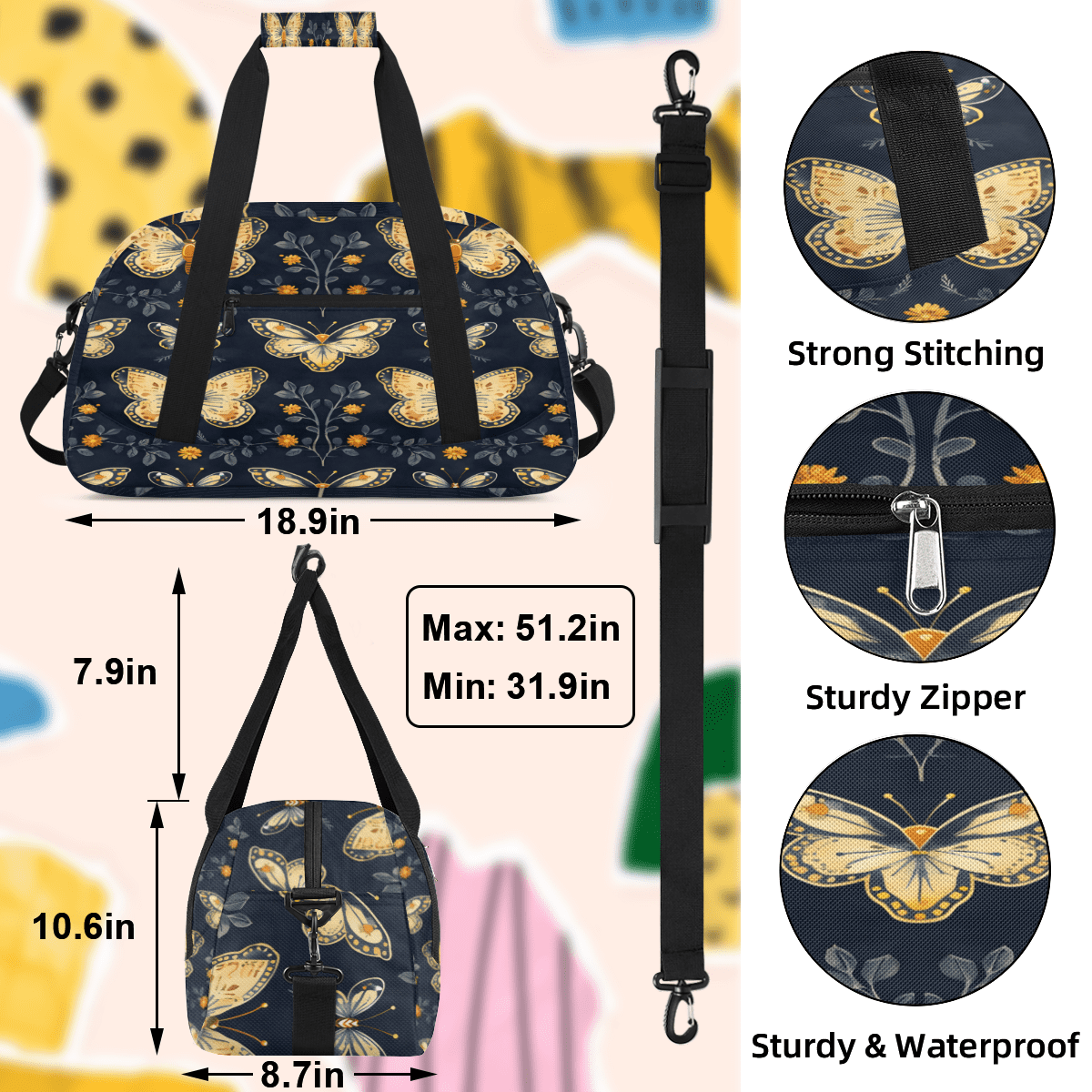 Herdesigns Floral Butterflies Sports Duffle Bag for Women & Men, Butterfly Gym Bag Dance Bag Overnight Bag Carry On Weekender Travel Bag