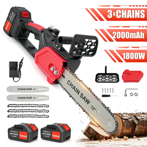 BAOKALER 12" 1800W Cordless Chainsaw, Handheld Electric Chain Saw with 2 x 2.0Ah Batteries & Fast Charger, 3 Chains & 2 Guide Bars, for Wood Cutting, Tree Pruning and Trimming, Red