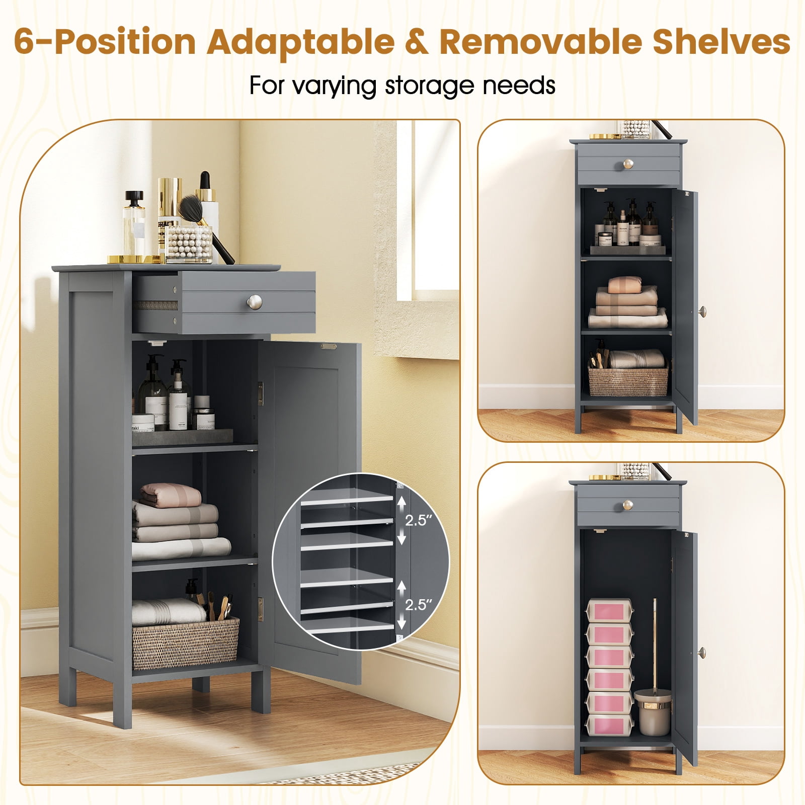 Costway Bathroom Storage Floor Cabinet Organizer Free-Standing w/ Drawer Grey