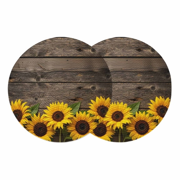 Yellow Sunflowers Round 13 Inch Placemats Set of 2, Farmhouse Brown Wooden Country Plants HeatResistant Non Slip Place Mats for Dining Table, Wipeable Braided Kitchen Table Mats for Housewarming