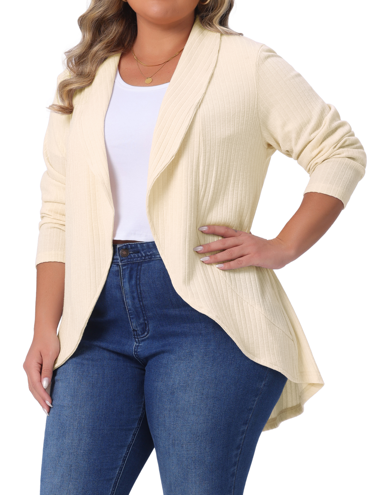 DARING DIVA Women's Plus Size Lapel Open Front Irregular Hem Knit Cardigan 4X Beige