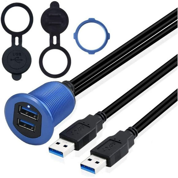 HUGFEGWE Metal Dual USB 3.0 Ports Mount with Light, 3.3ft 2 Ports USB Male to 2 Ports Female Flush Mount Panel Mount Extension AUX Cable for Car Truck Boat Motorcycle Dashboard (Blue & CJ25311-4233