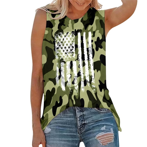 DHFJKG Tank Tops For Women Independence Day US National Flag Camouflage Sleeveless Crew Neck Summer Loose Fit Tee Shirt