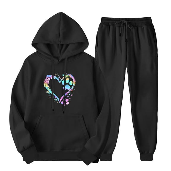 aohooy Womens Sweatpants and Hoodies,Womens Sweatsuits 2 Piece Sets Heart Graphic Long Sleeve Drawstring Hoodie Pullover Outfits Sweatshirt Cute Trendy Lounge Sweat Set Black,XXL