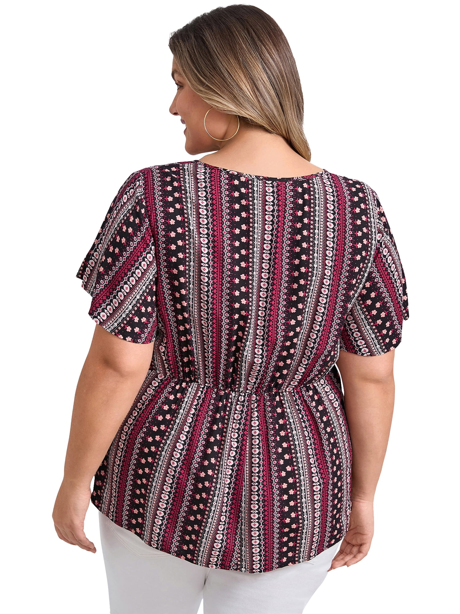 DARING DIVA Women's Plus Boho Print Tie Ruffle Short Sleeve Babydoll Top 4X Plum Purple