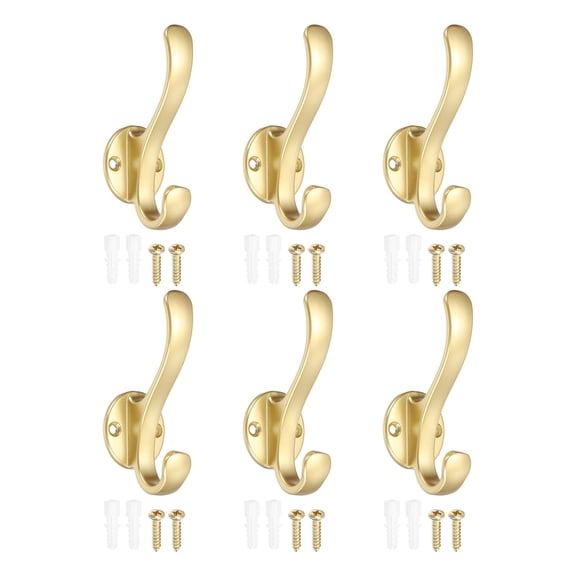 Uxcell 6 Pack Coat Rack Wall Mount, Heavy Duty Metal Hanger Hooks Wall Mount Towel Hooks for Hanging Coat Scarf Bags Hats Key Bathroom Mudroom Entryway, Gold