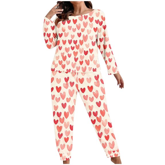 FDGIU ‌‌‌‌Women's Plus Size Valentine Pajama Set - 2 Piece Long Sleeve Button Down Sleepwear with Heart Print